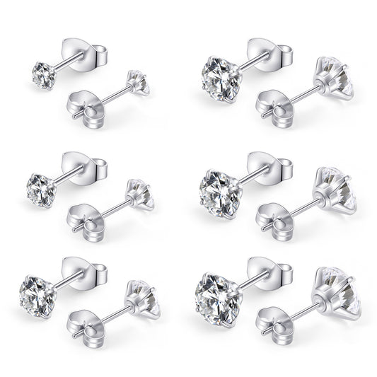 Huazi Diamond, Butterfly Buckle Titanium Steel Stud Earrings 6 Pairs