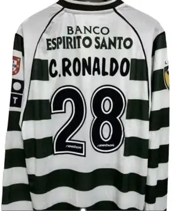 Lisbon Sports Home Cristiano Ronaldo's Long-Sleeved Jersey - Banco Espirito Santo C Ronaldo 28 Black White Striped Design