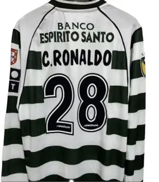 Lisbon Sports Home Cristiano Ronaldo's Long-Sleeved Jersey - Banco Espirito Santo C Ronaldo 28 Black White Striped Design